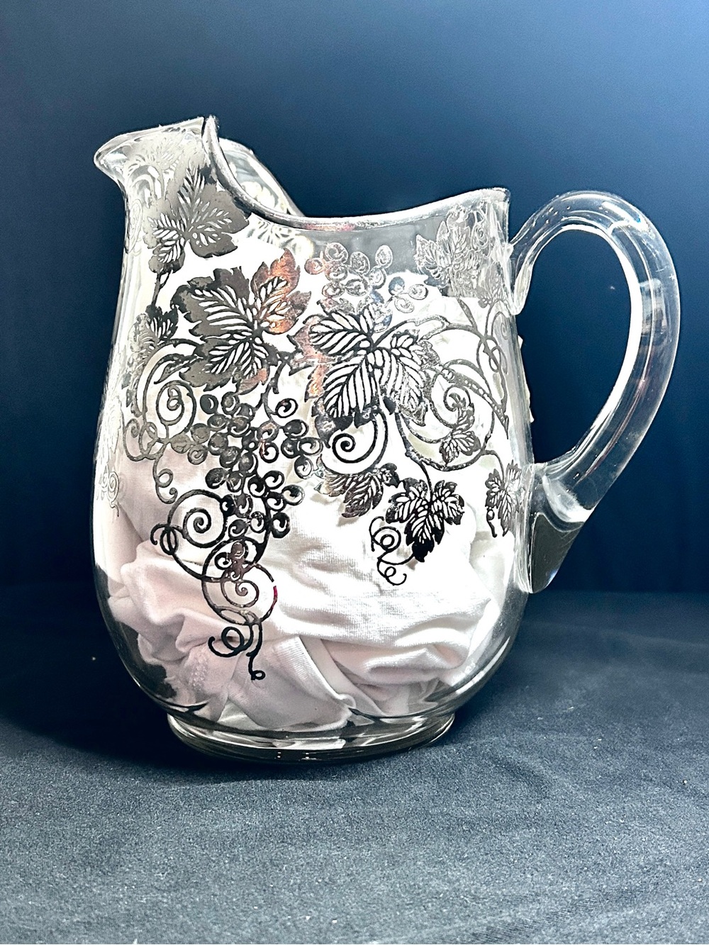 Vtg MidCentury Cambridge Glass Elegant Pitcher Sterling Silver Grapevine Overlay